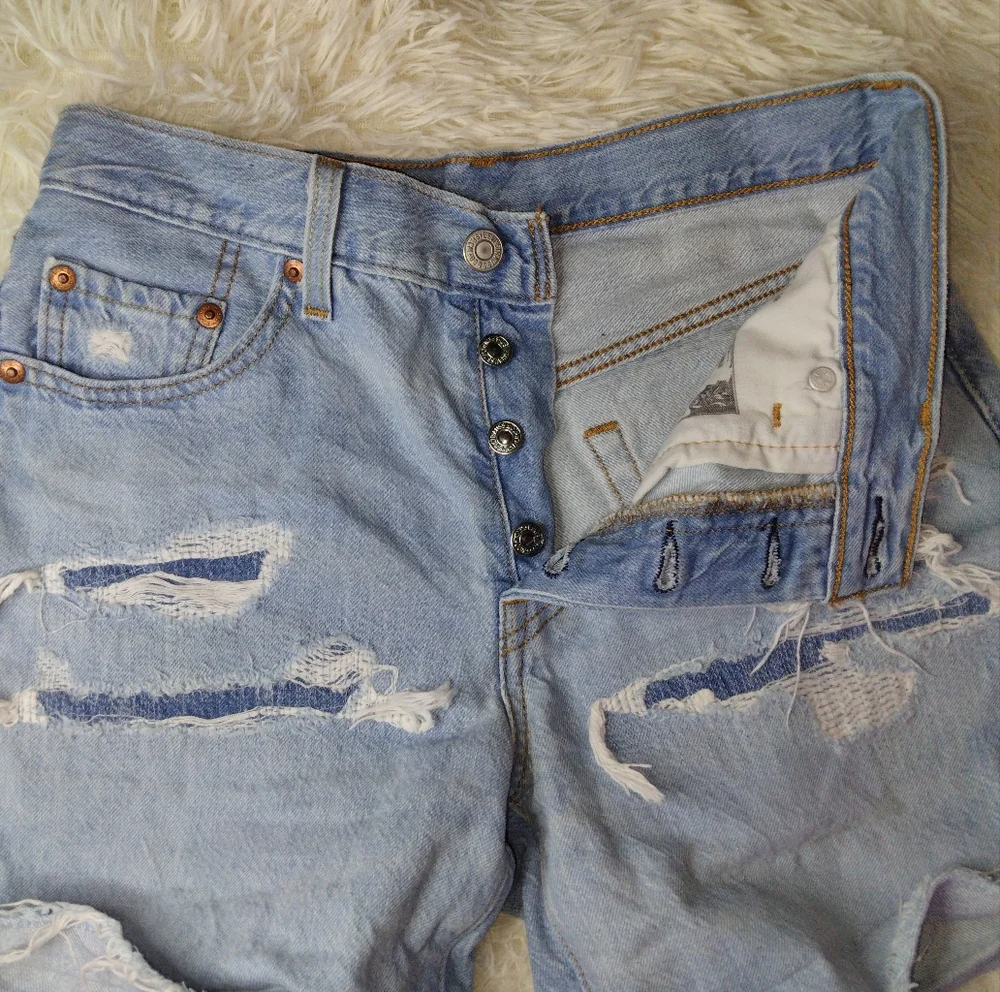 Levi's 501 Premium Big E Long Denim Distressed Short Size 25